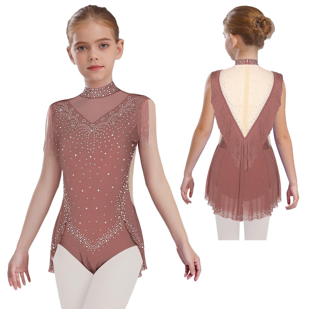 Girls Dance Costume - Shiny Rhinestone Leotard with Sheer Mesh, Invisible Back Zipper & Attached Tassel Skirt