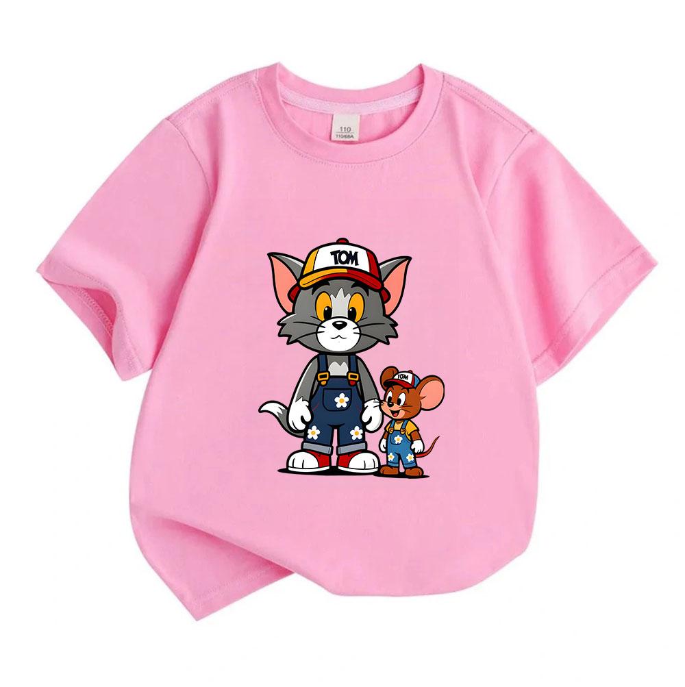 Kids Boys Girls 100% Cotton Crew Neck Short Sleeve T-Shirt, Cute Cartoon Cat Mouse Print Casual Soft Breathable Summer Tee for Toddlers Little Childre