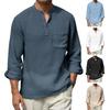 Chemise en Coton et Lin pour Homme à Manches Longues et Col Mao avec Poche sur la Poitrine Couleur Unie Chemise Décontractée de Vacances pour Voyage Été Plage Vacances Usage Quotidien