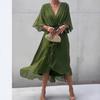 2025 Women’s Plus Size Solid Color Batwing Sleeve Lace-Up Dress