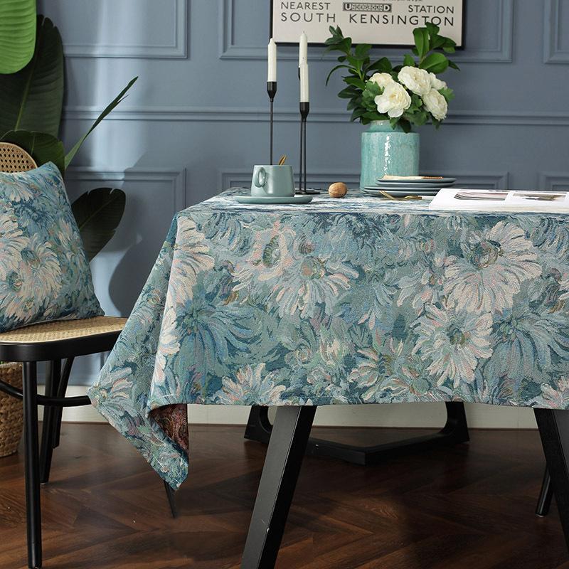 Blue Floral Cotton Linen Tassels Jacquard Tablecloth Oil Painting Retro Pastoral Style Thick Table Cloth Bed Sofa Dust Cover 60x60cm