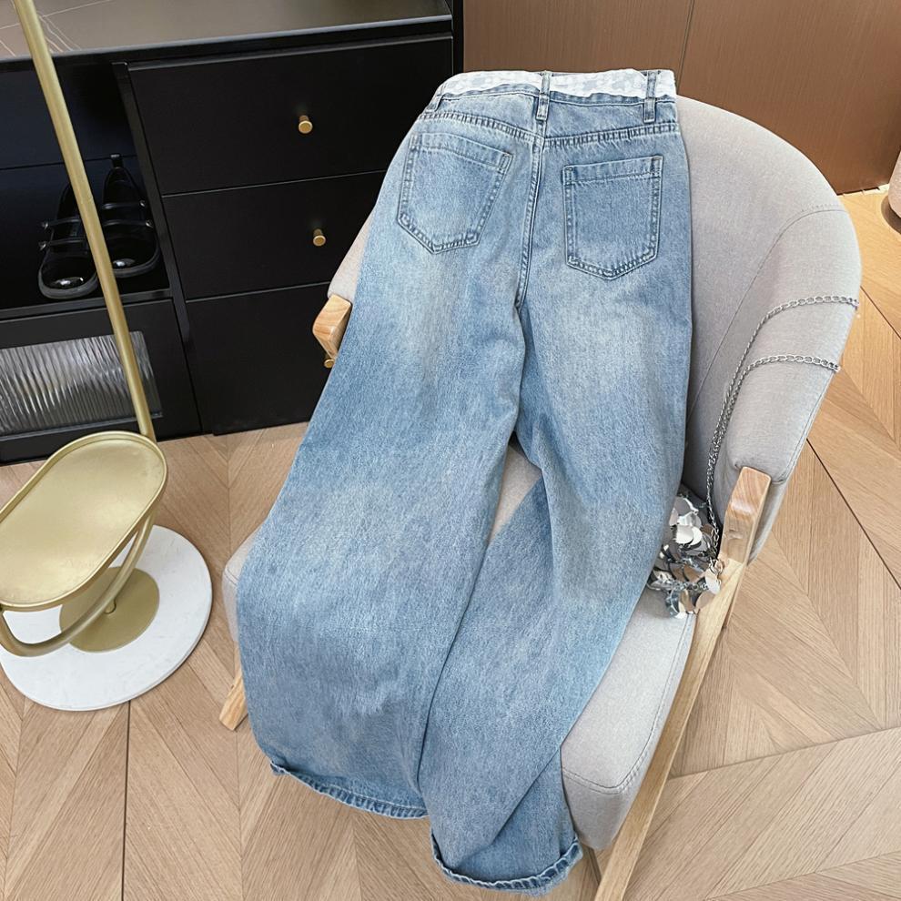 Korean Style High Waist Cuffed Denim Wide-Leg Pants with Lace Belt