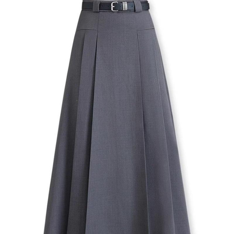 Plus Size Women Gray High Waist A Line Pleated Midi Skirt