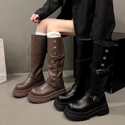Two Wear Platform Knight Boots Women's 2025 Autumn and Winter New Brown But Knee Boots Thick Heel Thin Folded Martin Boots