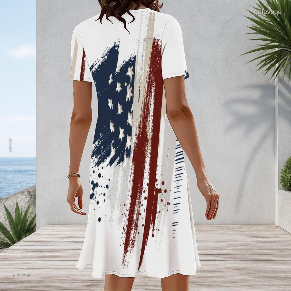 Women Plus Size Round Neck Short Sleeve American Flag Printed White A Line Dress