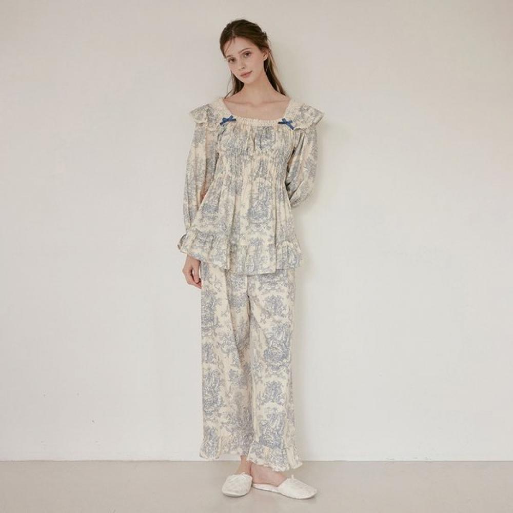 Lunaluz Women S Long Sleeve Square Neck Two Piece pajamaS verSailleS Blue/free