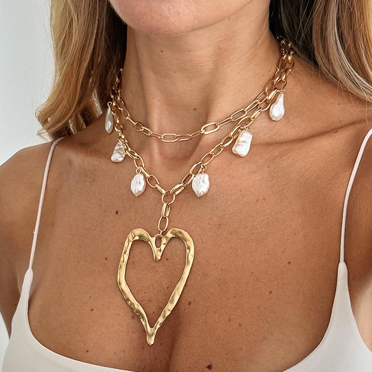 

Ingemark 2Pcs/Set Vintage Large Heart Pendant Choker Necklace Women Trend Boho Imitation Pearls Chain Wedding Neck Jewelry New