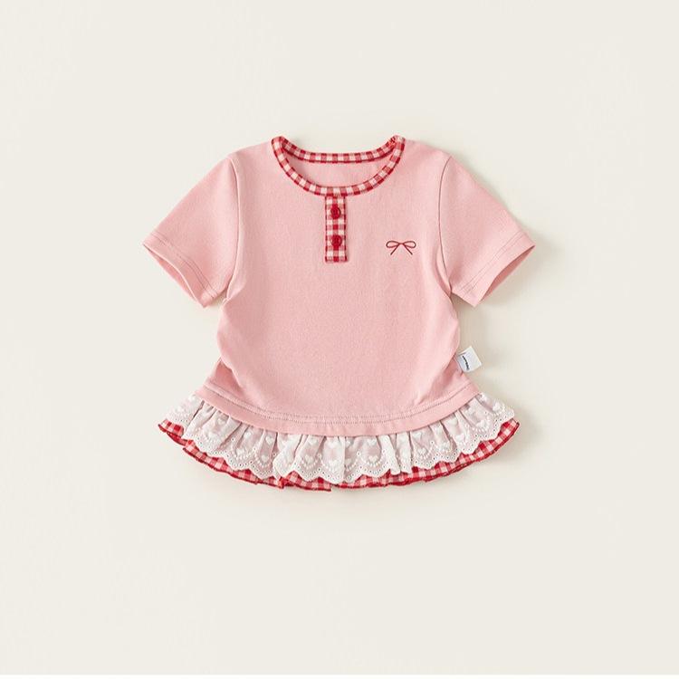 Girls Pink Round Neck Short Sleeve T Shirt with Sweet Checkered Lace Trim for Summer 90