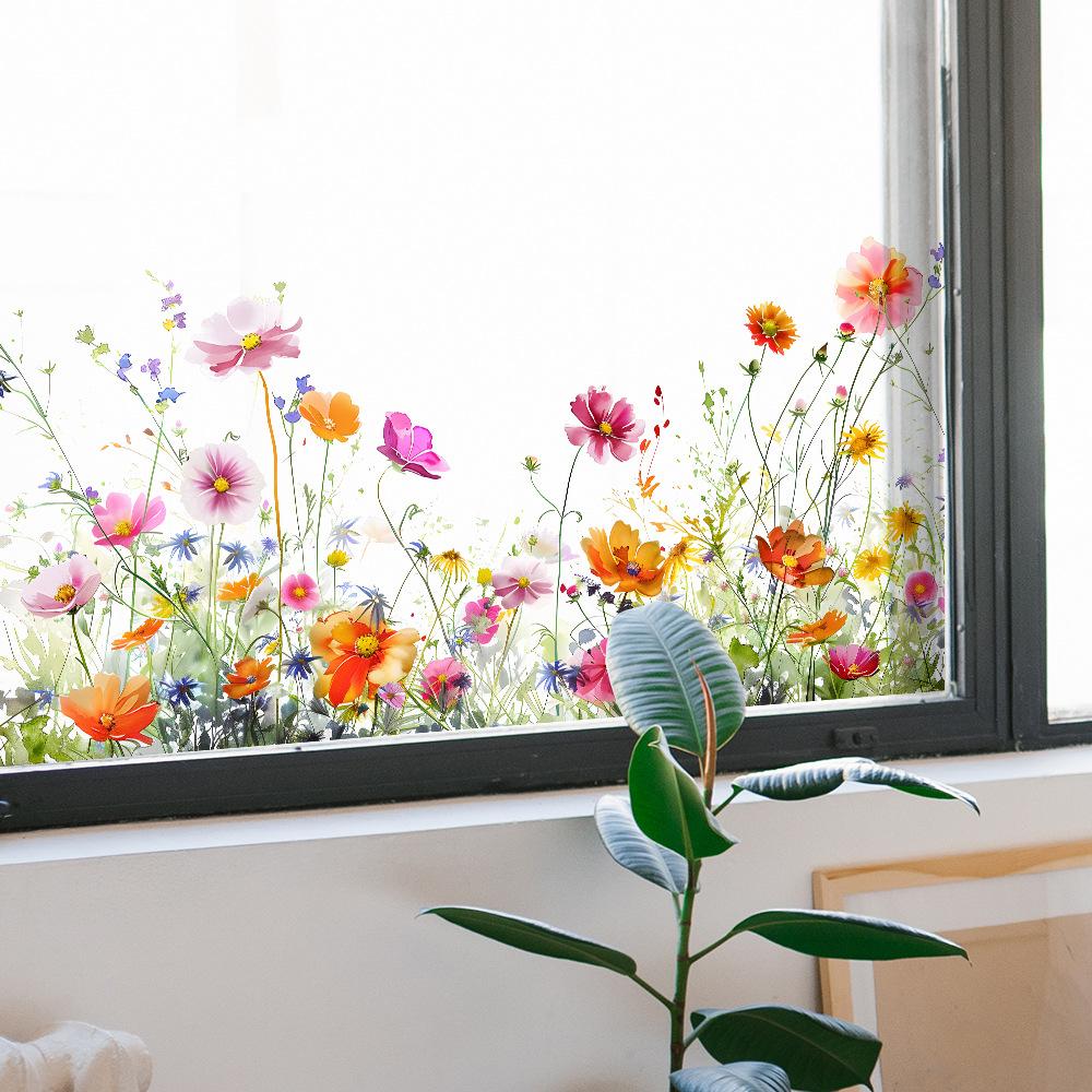Handbemalte Blumen und Blätter Fensteraufkleber Künstlerische Glasfenster- und Türfolien für Wohnzimmer Heimdekoration