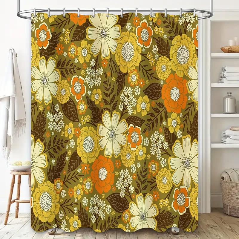 Floral Shower Curtain Botanical Print Waterproof Bathroom Decor Vintage Flower Pattern Washable Fabric Backdrop