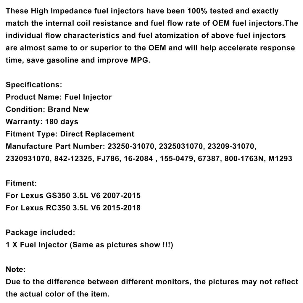 1 STÜCK Kraftstoffeinspritzventil 23250-31070 Passend für Lexus GS350 3.5L V6 2007-2015 Passend für RC350