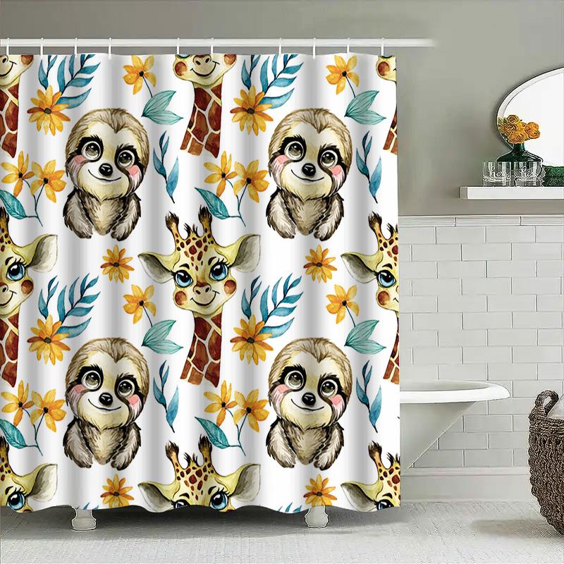 Animal Print Shower Curtain Kids Bathroom Decor Cartoon Giraffe Sloth Blue Yellow Flower Pattern Waterproof Bath Mat Set With Ri