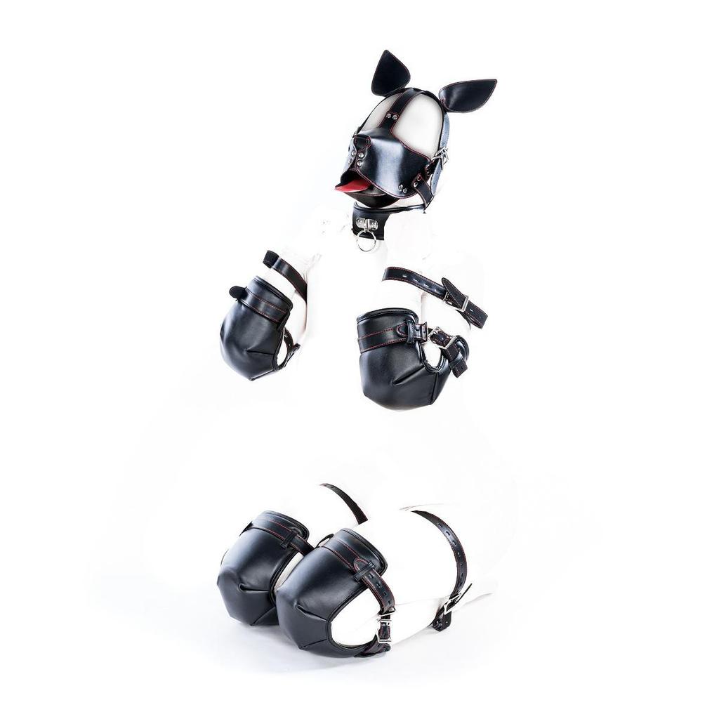 Five-Piece Kinky Pet Play Set: Crawling Suit, Kneeling Gloves, Dog Headgear, Knee Pads, Limb Restraints