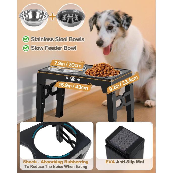 Elevated Dog Bowls, Dog Feeder with 2 Stainless Steel Dishes &1 Slow Feeder Bowl, 5 Heights Adjustable Raised Stand for Medium Large, Food Dishes