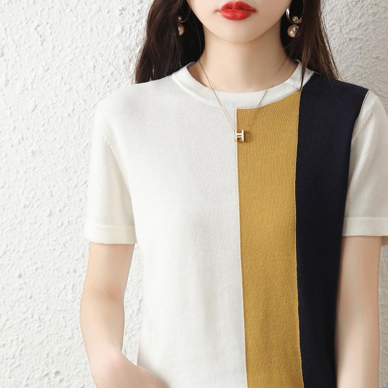 

Round Neck Contrasting Striped Cotton Line Short-sleeved T-shirt In Summer Korean Style Fashionable Loose Casual Versatile Base Top M білий