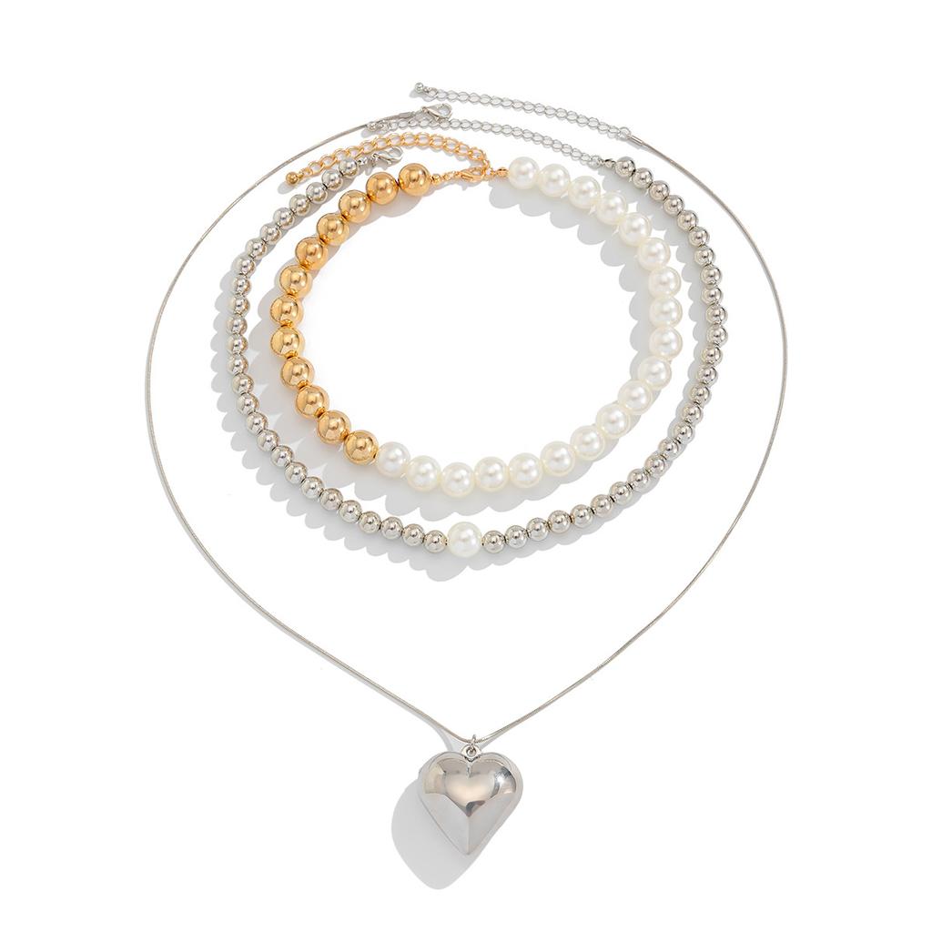 Sweet And Cool Style Love-Shaped Pendant Necklace, Design Imitation Pearl Beads Stacked Collarbone Necklace