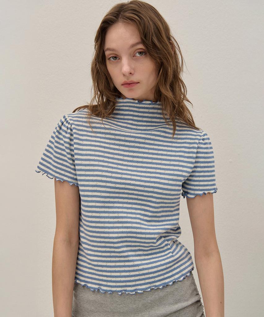 Kamino Striped Half-Neck Shirred Knit Blue