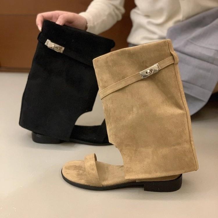 Small Inner Height Increase 5cm Slope Heel Women's Cool Boots 2025 New Summer Breathable Open-toed Sandals Lock Trouser Boots