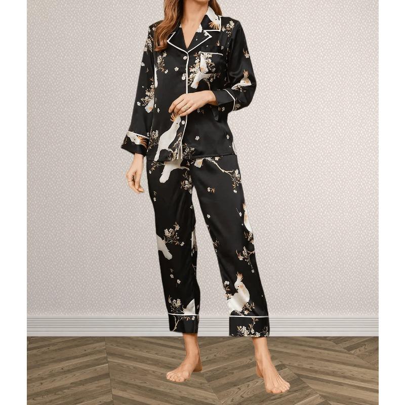 

Пижама женская из шелка Mulberry с принтом, топы и брюки, женская мягкая пижама с длинным рукавом, женская домашняя одежда, комплект пижамы из чистого шелка 2XL чёрный