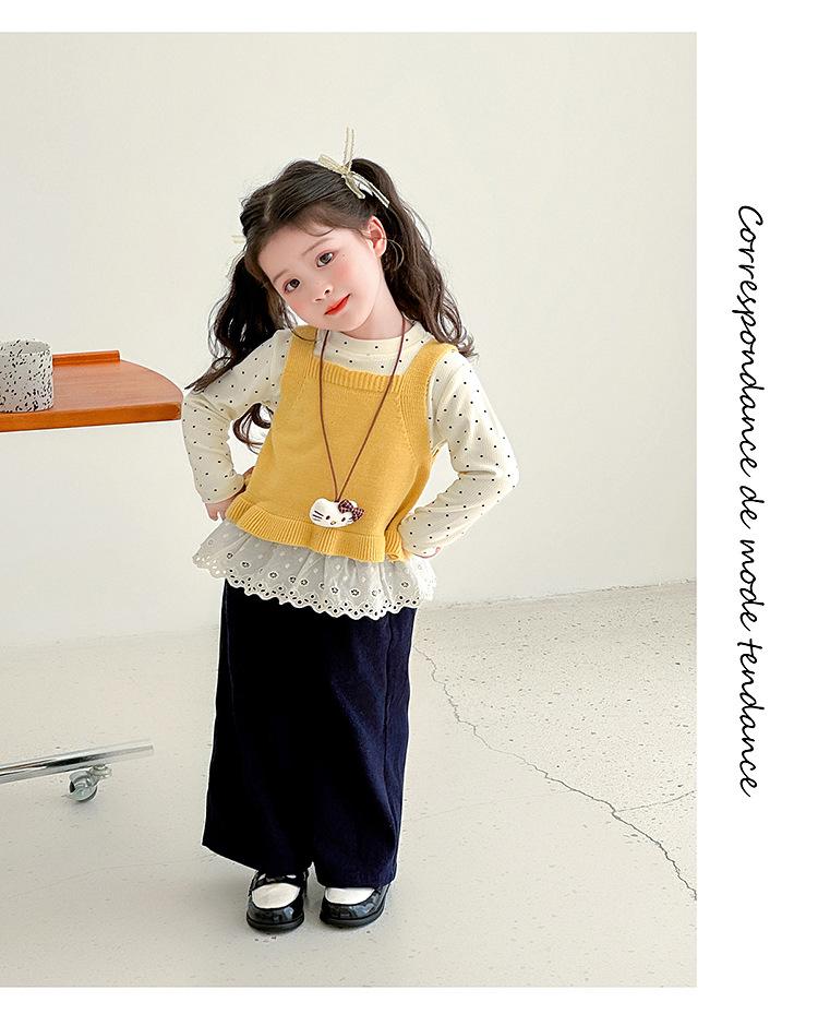 Girls' Fashionable Three-Piece Set: Knitted Vest, Polka Dot Shirt & Wide-Leg Pants for Spring/Autumn