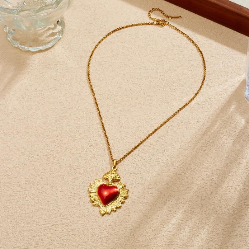 Gold Plated Stainless Steel Sacred Heart Pendant Necklace with Red Enamel Center for Women золотой