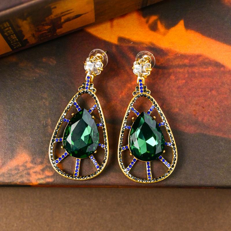 Premium Exaggerated Malachite Green Rhinestone Mixed Color Diamond Hollow Water Drop Stud Earrings