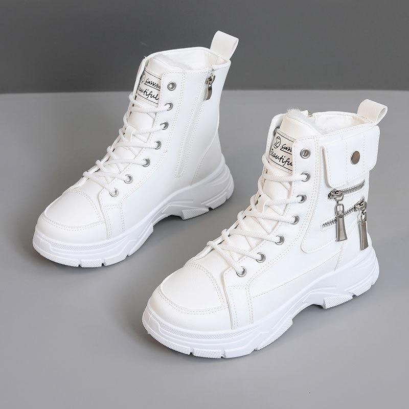 W2579 New Winter Women's Solid Color Velvet Mid-top Cotton Shoes Snow Boots Heightening Casual Warm Cotton Shoes