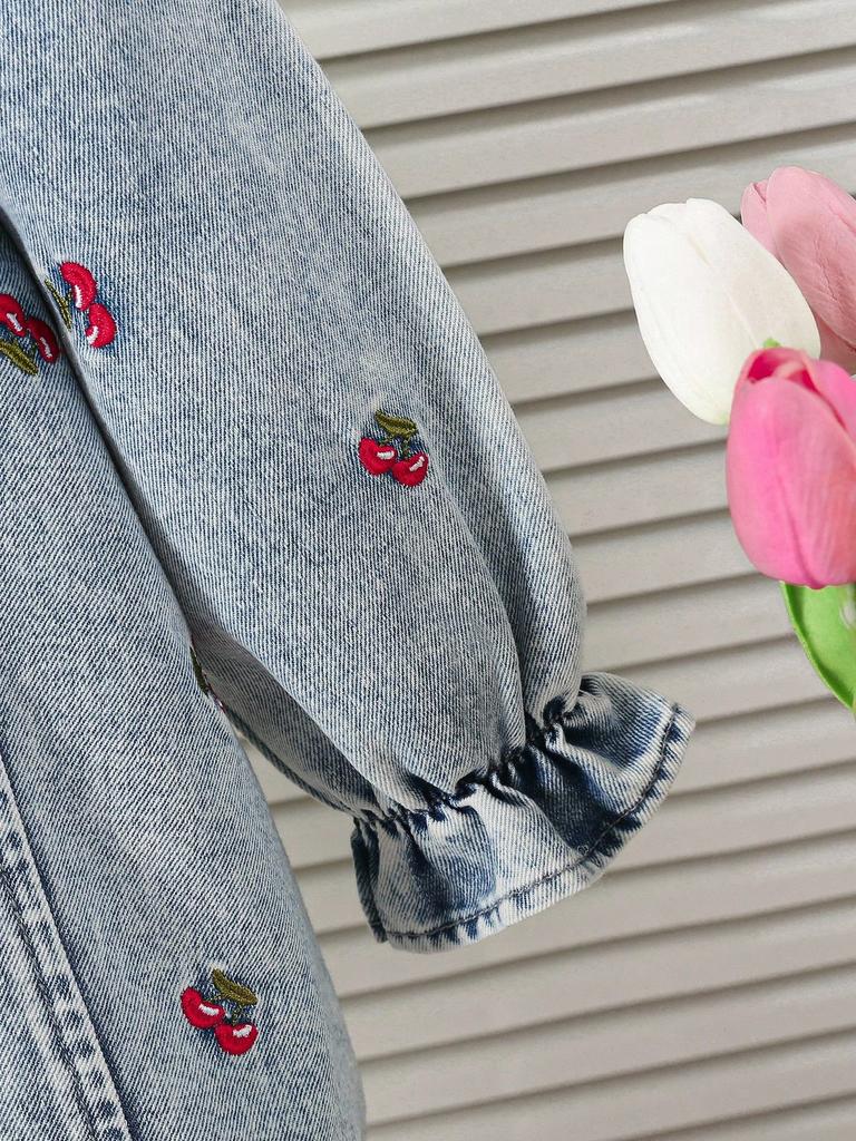 Girls Embroidered Denim Dress Ruffled Collar Bow Design Hollow Lace Hem Cute Casual Durable Soft Fabric Breathable for All Seasons Occasions