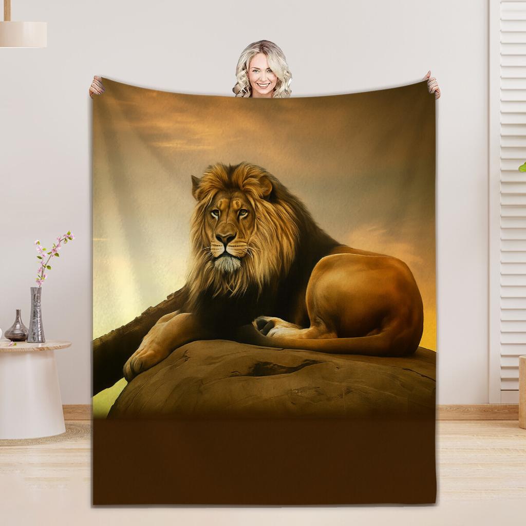 Wolf Lion Animal Print Flannel Blanket Comfortable Soft for Home Decoration Customizable Size Family Living Room Decor