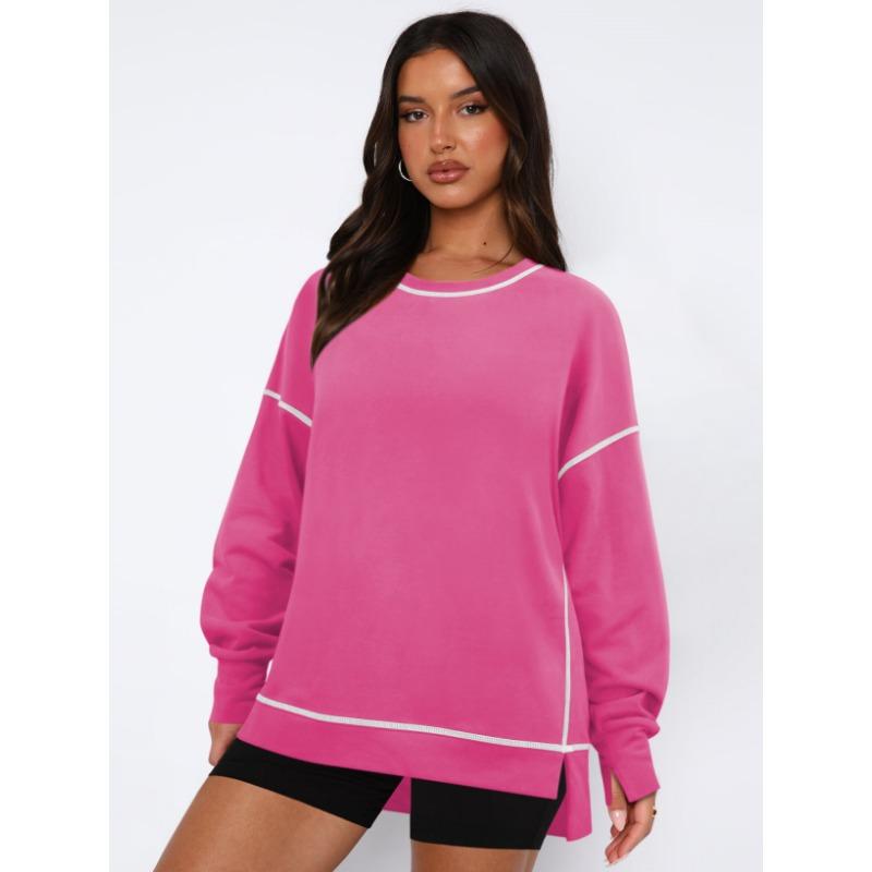 Женский контрастный пуловер свободного кроя с длинными рукавами с разрезами — фото 7