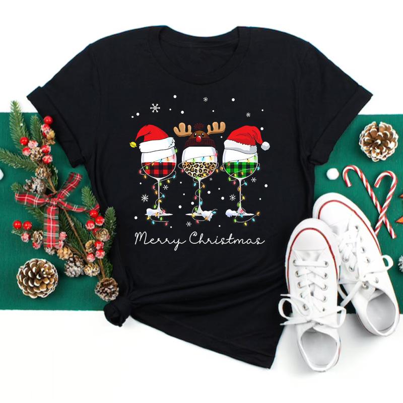 Polyester  100% New Christmas Happy Christmas Tree Santa Claus Casual and Fashionable Round-neck Short-sleeved Women's Base Tops