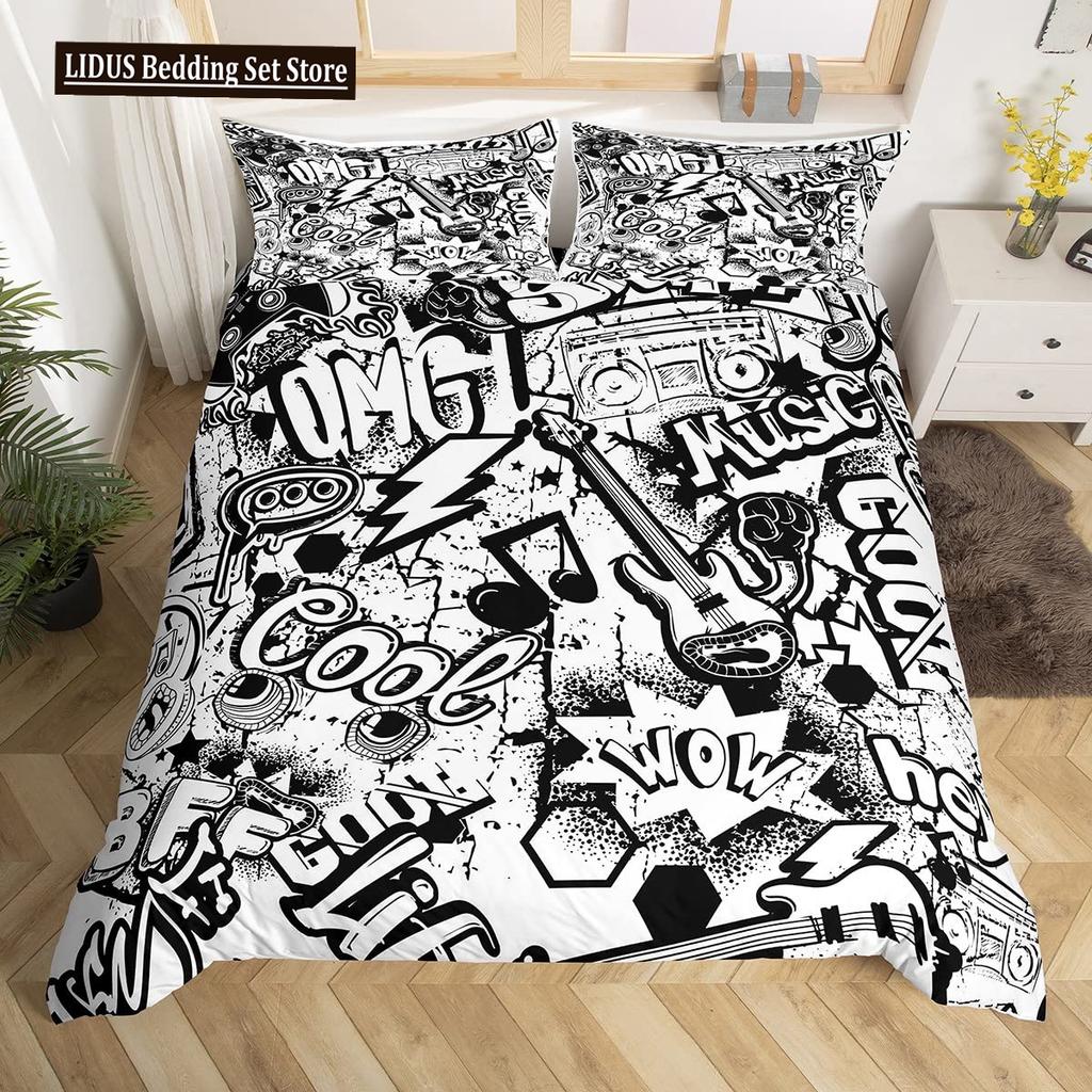 Zestaw poszwy na kołdrę Graffiti dla nastolatków chłopców Hip Hop Art Zestaw poszwy na kołdrę Muzyka rockowa Sportowy zestaw pościeli Zestaw poszwy na kołdrę Rozmiar Queen