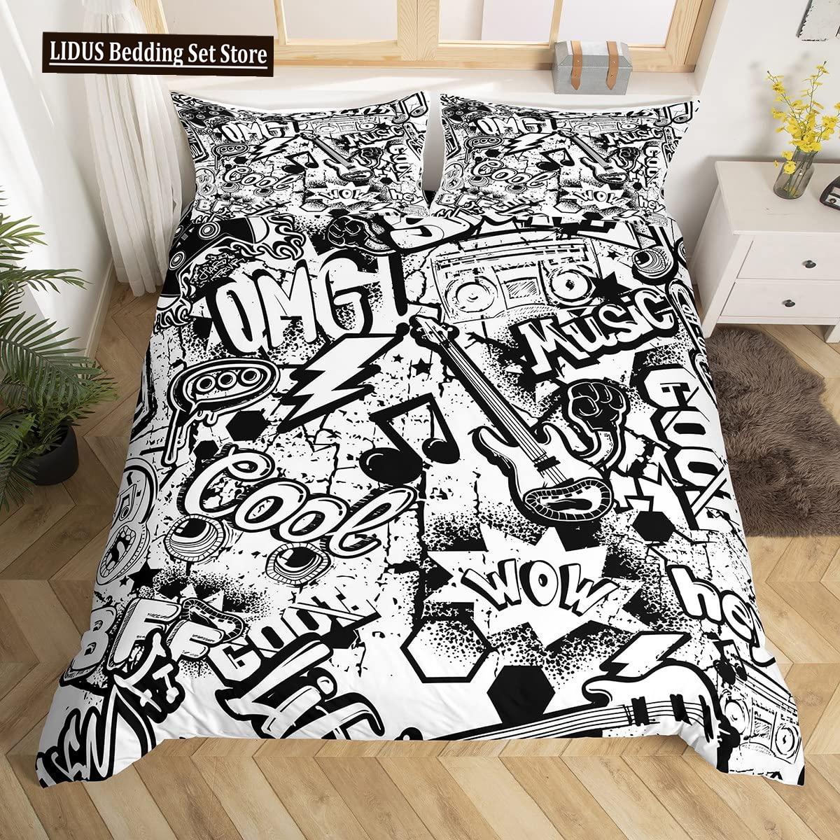 Conjunto de Capa de Edredom Graffiti Para Adolescentes Meninos Arte Hip Hop Conjunto de Capa de Edredom Música Rock Esportes Conjunto de Cama Capa de Colcha Tamanho Queen EU single(135x200cm) black
