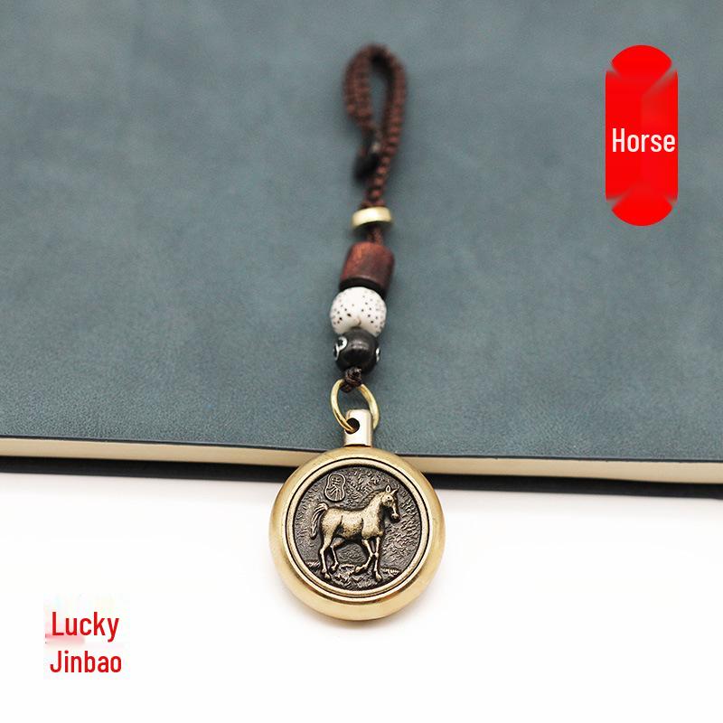 Rotating Brass Zodiac Signs Vermilion Gourd Keychain for Wealth & Treasures