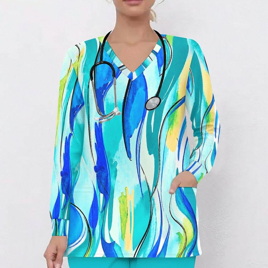 Women Plus Size Blue Pink White Printed V Neck Long Sleeve Nurse Scrub Top With Front Pockets