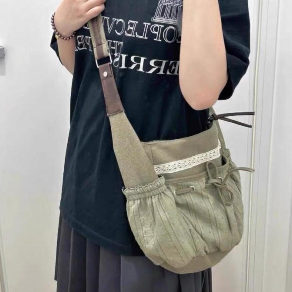 Sweet Cool Bow Canvas Shoulder Bags Women Vintage Drawstring Pocket Chic Casual Crossbody Bag Ladies Retro Messenger Bag Bolsos