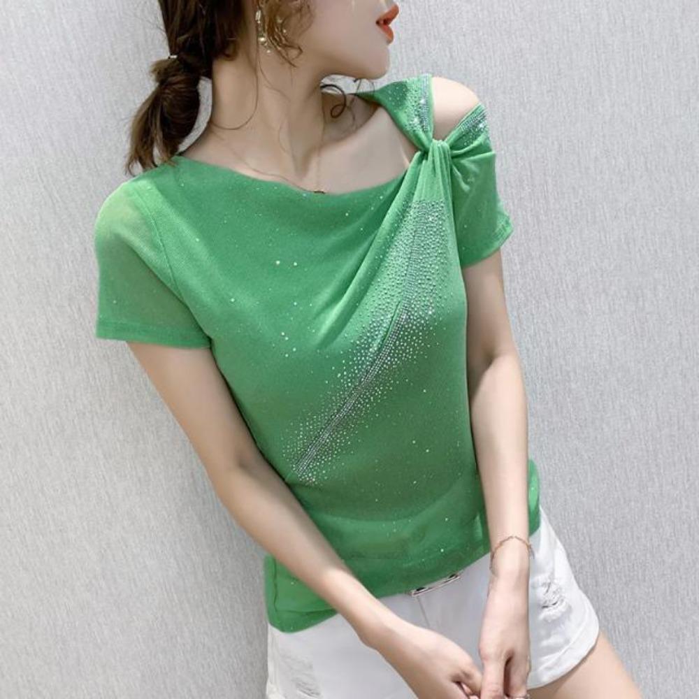 Irregular T-shirt Short-sleeved Sequined Splicing Diamond Top Casual Versatile Pullover