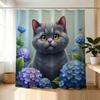 Lovely Cartoon Cat and Hydrangea Floral Shower Curtain Waterproof Bathroom Decor Home Accent Polyester Print