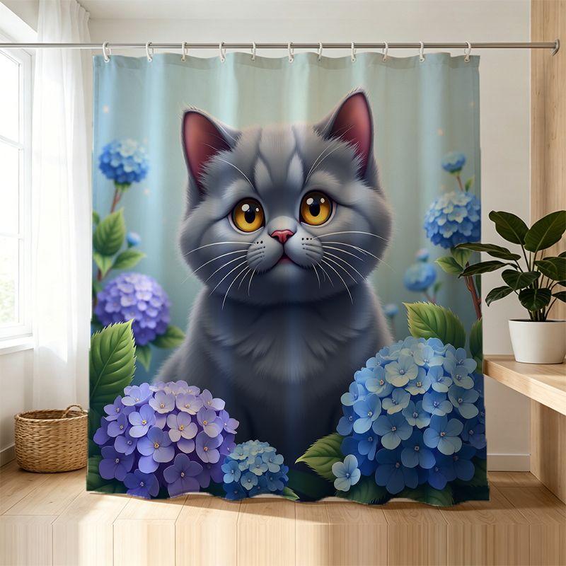 Lovely Cartoon Cat and Hydrangea Floral Shower Curtain Waterproof Bathroom Decor Home Accent Polyester Print