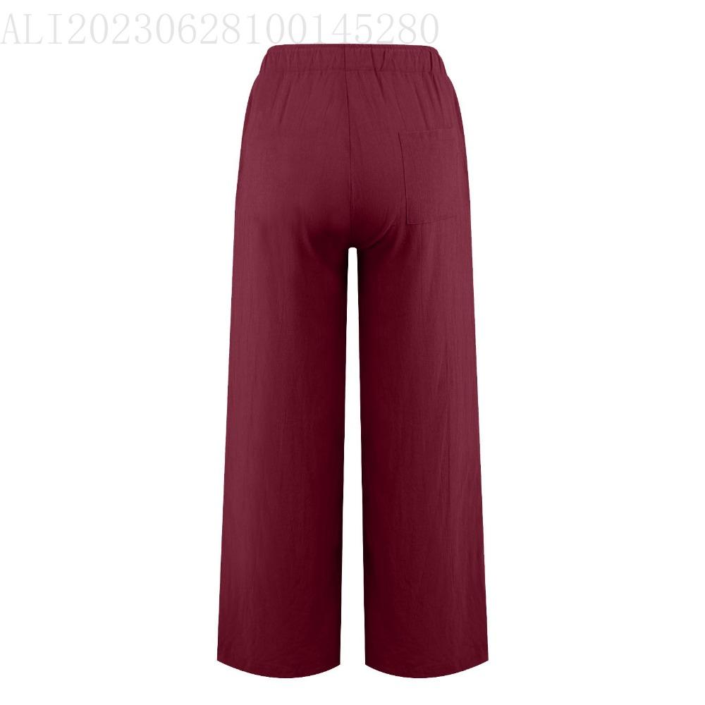 GMXIA Large Size Women's Elastic Waist Long Linen Casual Loose Wide Leg Trousers