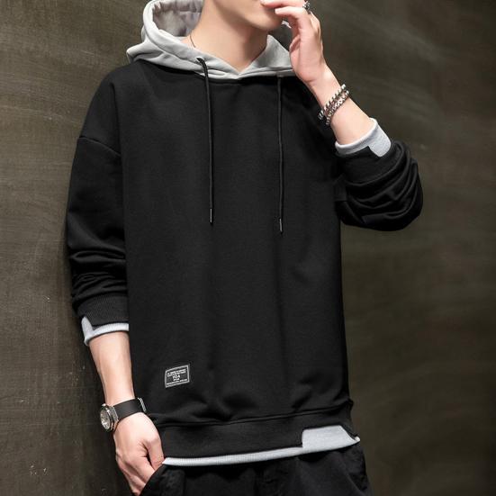 Men Autumn Hoodie Loose Hooded Contrasting Colors Hip Hop Casual Keep Warm Drawstring Korean Style Pullover Spring Hoodie Male Clothes