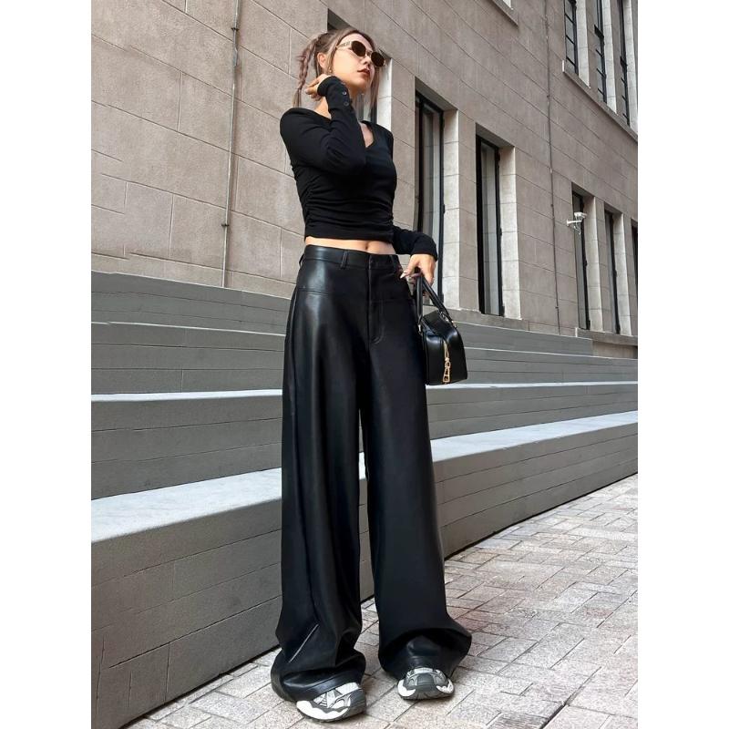 Schwarze High-Waist-Hose mit weitem Bein aus Kunstleder, lockere Passform, lässige Damenmode, stilvolle Alltags-Hose