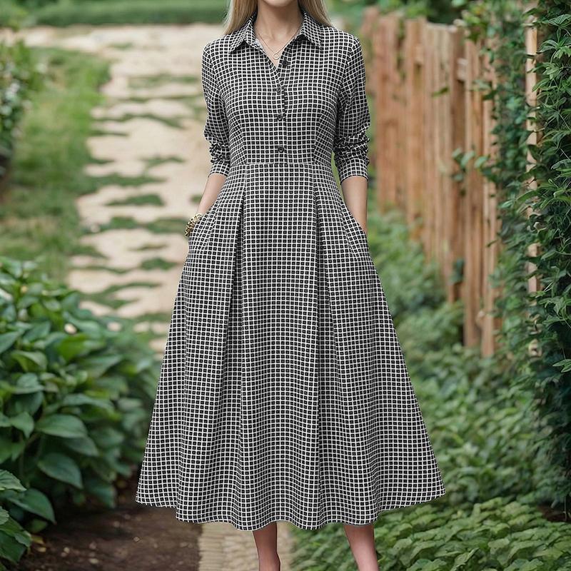 ZANZEA Women Casual Turn Down Collar Long Sleeve Grid Print A-Line Dress