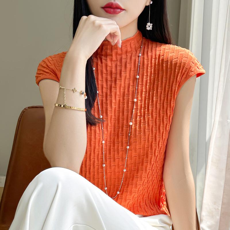 Women T-shirt Tank Summer Knitted T-shirt Short Sleeve Tees Basic Tees Knit Top Pullover Turtleneck Female