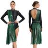 S-3XL Women Lyrical Dance Rhinestone Bodysuit Metallic Shiny Drape Long Sleeve Tassel Shoulder Boards Back Cutout Asymmetrical Leotard Jumpsuit
