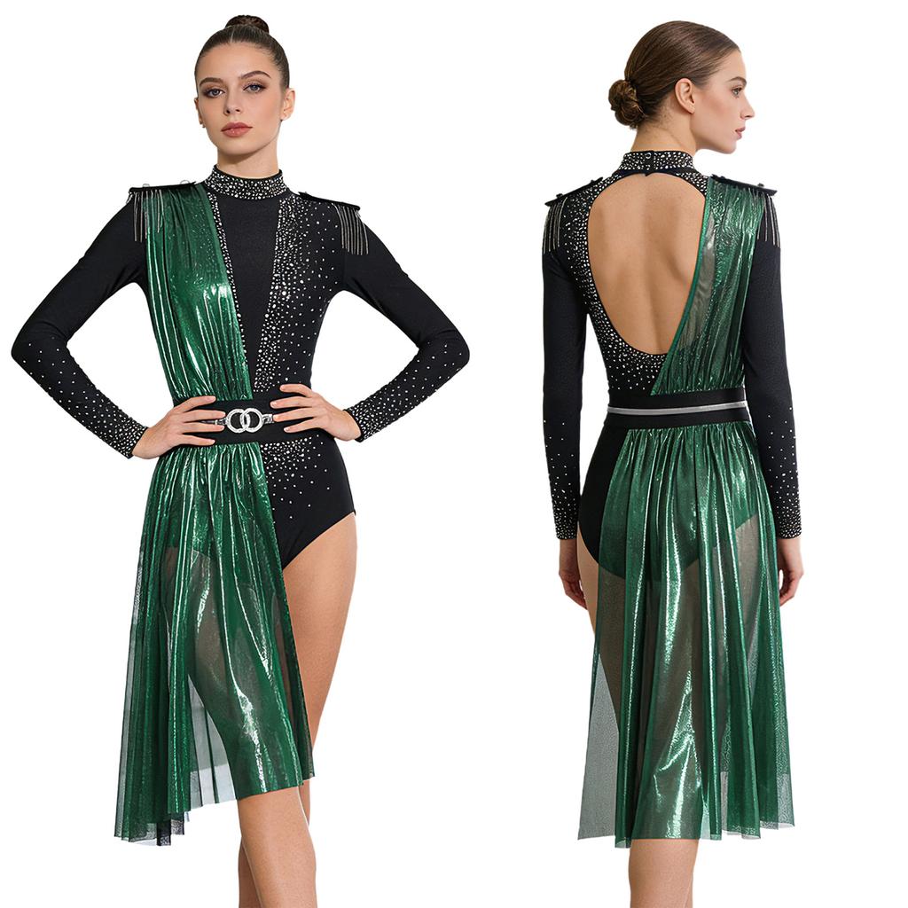 S-3XL Women Lyrical Dance Rhinestone Bodysuit Metallic Shiny Drape Long Sleeve Tassel Shoulder Boards Back Cutout Asymmetrical Leotard Jumpsuit