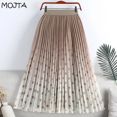 Mid-length Skirt Spring Summer Women's Pleated Elastic Dots High Waist Skirt A-line Long Skirt