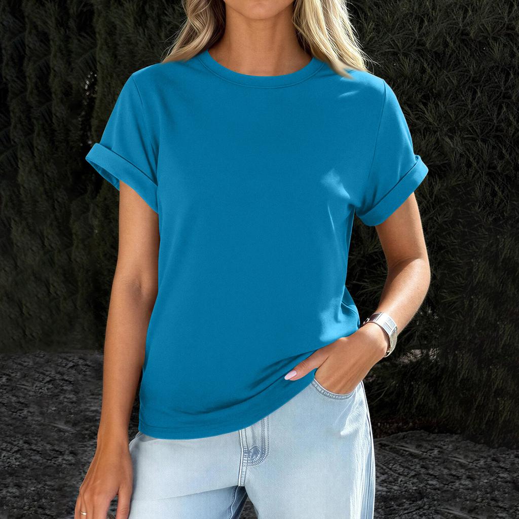 Womens  Casual Rolled Short Sleeve Basic Tees Fashion Tops