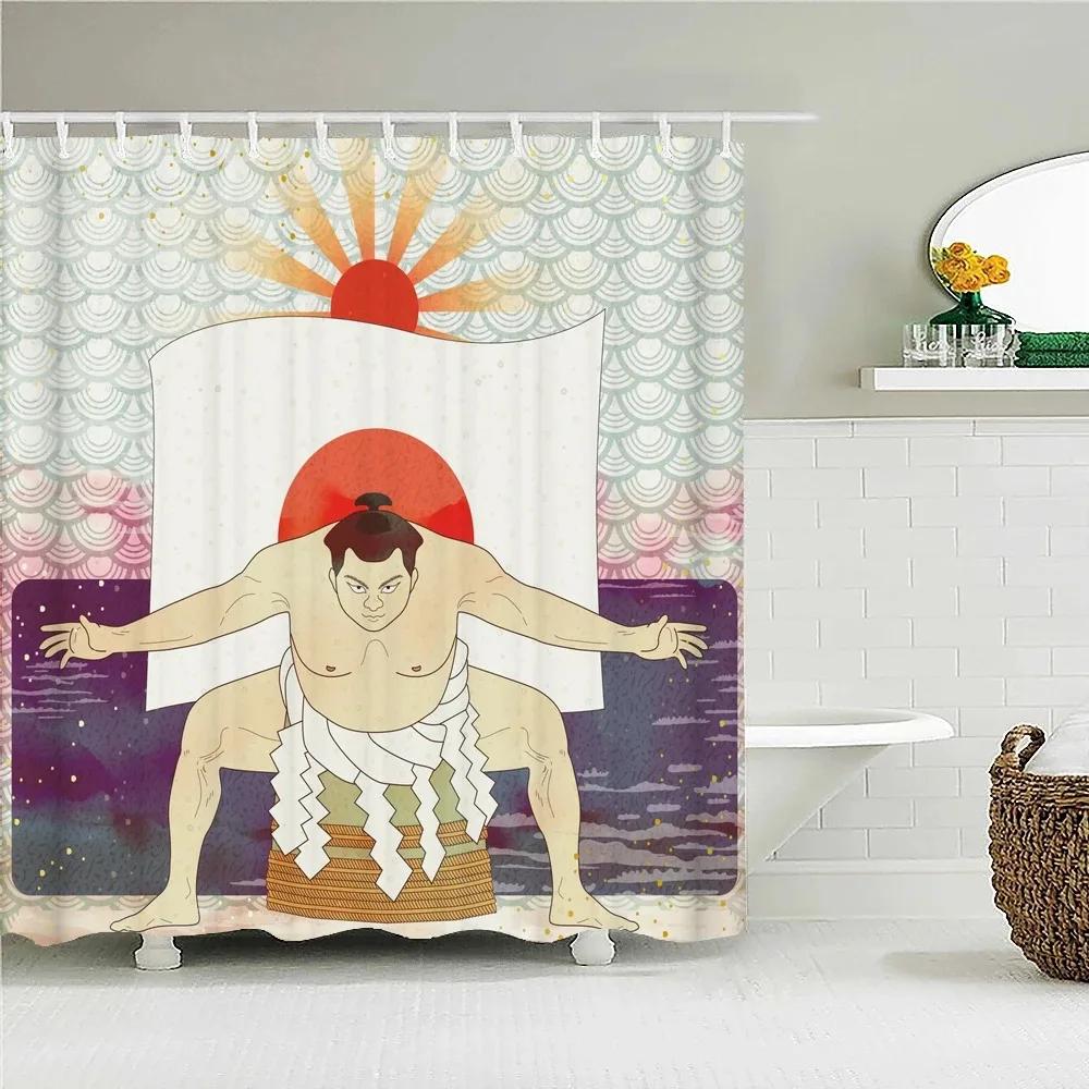 Waterproof Polyester Fabric Shower Curtain Japanese-Style Waves Samurai Landscape 3D Printing Bathroom Decor Shower Curtains