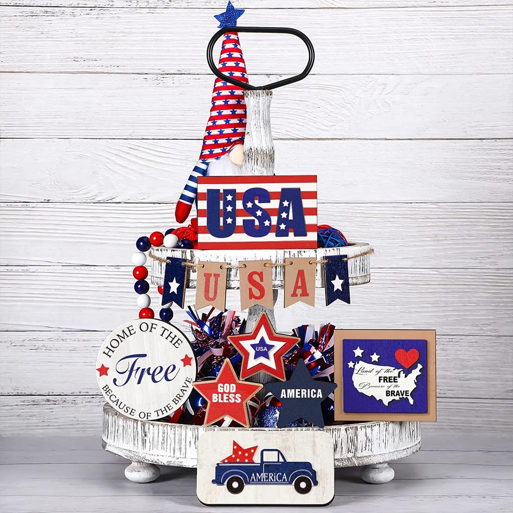 Patriotic Tiered Tray Wooden Decor Creative Desktop Display Stand for Home Office